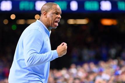 Apr 4, 2022; New Orleans, LA, USA; North Carolina Tar Heels head coach Hubert Davis reacts after a play against the Kansas Jayhawks during the second half during the 2022 NCAA men's basketball tournament Final Four championship game at Caesars Superdome. Mandatory Credit: Bob Donnan-USA TODAY Sports