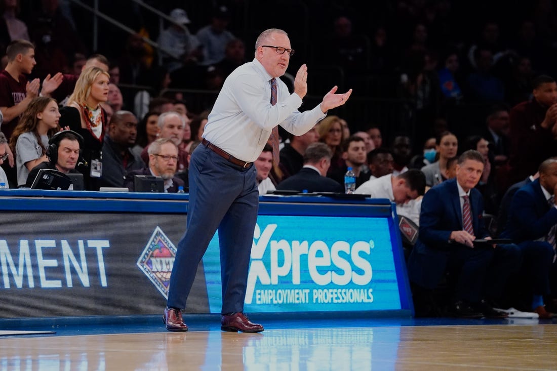 Mar 31, 2022; New York, New York, USA; Texas A&M Aggies head coach Buzz Williams claps for his players during the first half of the NIT college basketball finals against the Xavier Musketeers at Madison Square Garden. Mandatory Credit: Gregory Fisher-USA TODAY Sports