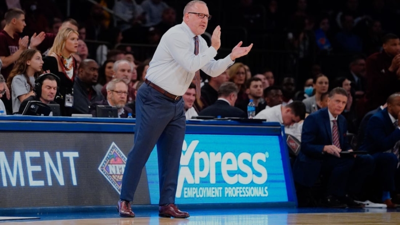 Mar 31, 2022; New York, New York, USA; Texas A&M Aggies head coach Buzz Williams claps for his players during the first half of the NIT college basketball finals against the Xavier Musketeers at Madison Square Garden. Mandatory Credit: Gregory Fisher-USA TODAY Sports