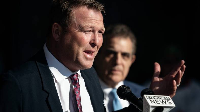 Martin Brodeur delivers a speech at the Adirondack Bank Center in Utica on Wednesday, April 6, 2022.

Martin Brodeur And Rob Esche