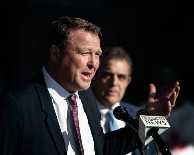 Martin Brodeur delivers a speech at the Adirondack Bank Center in Utica on Wednesday, April 6, 2022.

Martin Brodeur And Rob Esche
