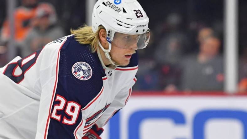 Apr 5, 2022; Philadelphia, Pennsylvania, USA; Columbus Blue Jackets left wing Patrik Laine (29) against the Philadelphia Flyers at Wells Fargo Center. Mandatory Credit: Eric Hartline-USA TODAY Sports