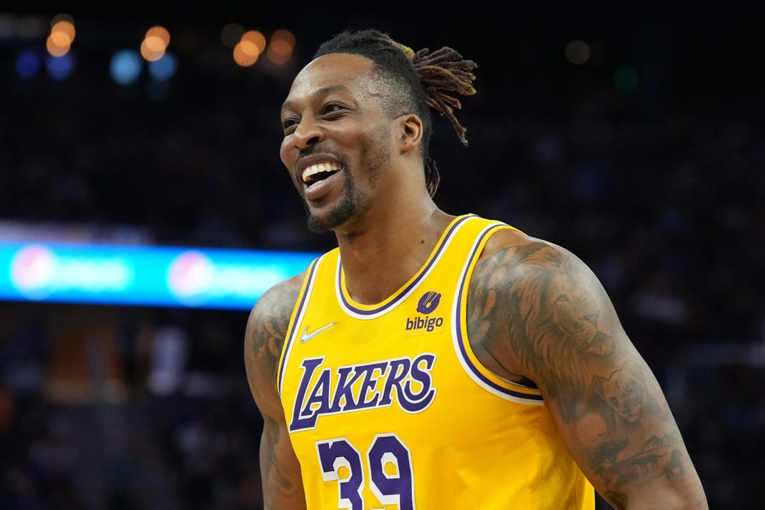 Apr 7, 2022; San Francisco, California, USA; Los Angeles Lakers center Dwight Howard (39) during the fourth quarter against the Golden State Warriors at Chase Center. Mandatory Credit: Darren Yamashita-USA TODAY Sports