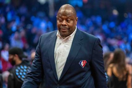 February 20, 2022; Cleveland, Ohio, USA; NBA great Patrick Ewing is honored for being selected to the NBA 75th Anniversary Team during halftime in the 2022 NBA All-Star Game at Rocket Mortgage FieldHouse. Mandatory Credit: Kyle Terada-USA TODAY Sports