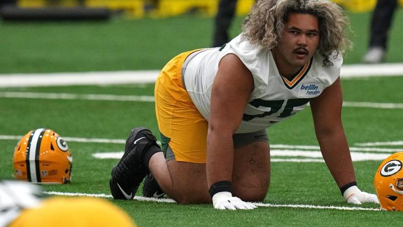 Sean Rhyan (75) is shown during Green Bay Packers rookie camp Friday, May 6, 2022 in Green Bay, Wis.

Packers07 27