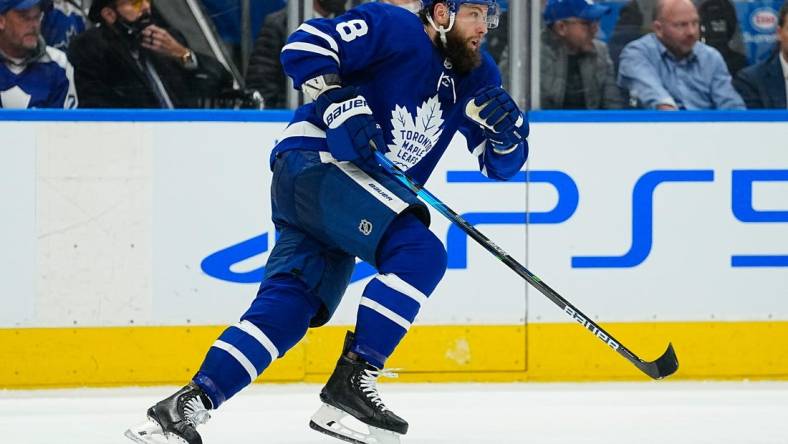 May 4, 2022; Toronto, Ontario, CAN; Toronto Maple Leafs defenseman Jake Muzzin (8) skates against the Tampa Bay Lightning in game two of the first round of the 2022 Stanley Cup Playoffs at Scotiabank Arena. Mandatory Credit: John E. Sokolowski-USA TODAY Sports