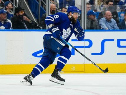 May 4, 2022; Toronto, Ontario, CAN; Toronto Maple Leafs defenseman Jake Muzzin (8) skates against the Tampa Bay Lightning in game two of the first round of the 2022 Stanley Cup Playoffs at Scotiabank Arena. Mandatory Credit: John E. Sokolowski-USA TODAY Sports