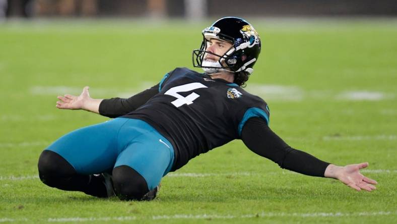 Jacksonville Jaguars place kicker Josh Lambo (4) celebrates kicking a 56-yard field goal against the Colts during the final NFL game of the season Sunday, December 29, 2019 in Jacksonville, Florida. [Will Dickey/Florida Times-Union]

Fljax 122919 5jagsvscolts