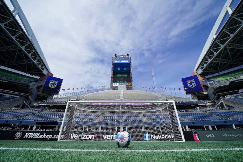 May 22, 2022; Seattle, Washington, USA; A general view of a soccer ball in front of a goal before the game between the Washington Spirit and OL Reign at Lumen Field. Mandatory Credit: Kyle Terada-USA TODAY Sports