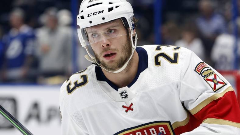 May 23, 2022; Tampa, Florida, USA; Florida Panthers center Carter Verhaeghe (23) works out prior to the game against the Tampa Bay Lightning at Amalie Arena. Mandatory Credit: Kim Klement-USA TODAY Sports