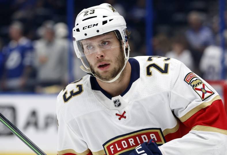 May 23, 2022; Tampa, Florida, USA; Florida Panthers center Carter Verhaeghe (23) works out prior to the game against the Tampa Bay Lightning at Amalie Arena. Mandatory Credit: Kim Klement-USA TODAY Sports