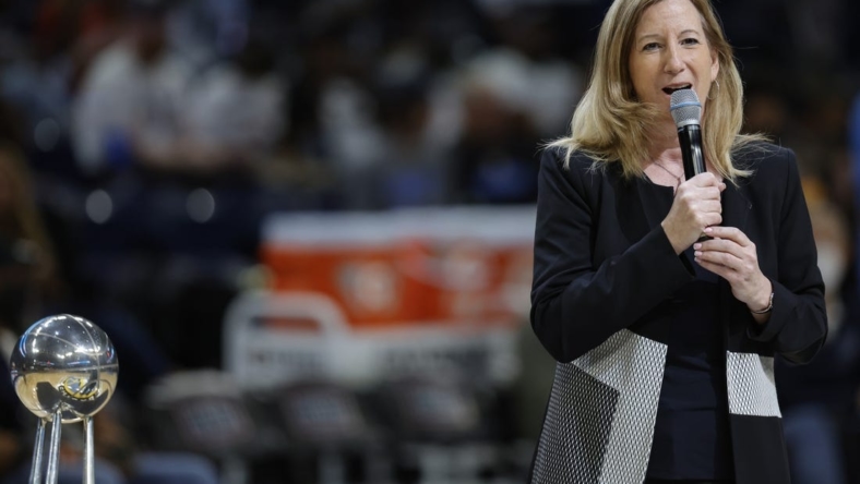 May 24, 2022; Chicago, Illinois, USA; WNBA commissioner Cathy Engelbert addresses fans during a championship ring ceremony for the Chicago Sky before a WNBA basketball game against the Indiana Fever at Wintrust Arena. Mandatory Credit: Kamil Krzaczynski-USA TODAY Sports