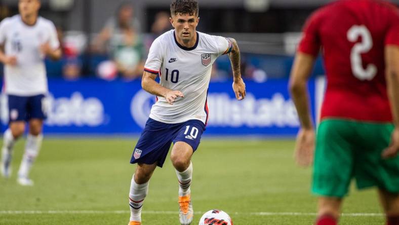 Jun 1, 2022; Cincinnati, Ohio, USA; United States forward Christian Pulisic (10) dribbles the ball during an International friendly soccer match against the Morocco at TQL Stadium. Mandatory Credit: Trevor Ruszkowski-USA TODAY Sports