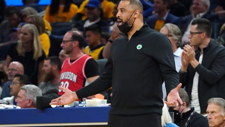 Jun 13, 2022; San Francisco, California, USA; Boston Celtics head coach Ime Udoka reacts from the sideline during the first half in game five of the 2022 NBA Finals against the Golden State Warriors at Chase Center. Mandatory Credit: Kyle Terada-USA TODAY Sports