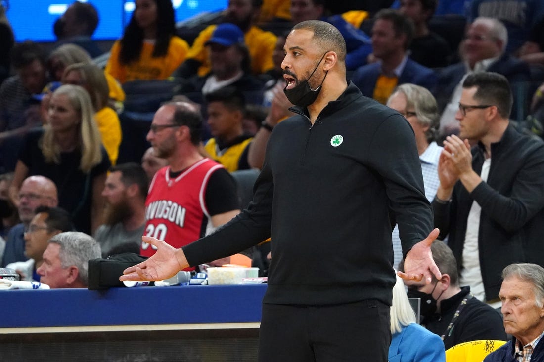 Jun 13, 2022; San Francisco, California, USA; Boston Celtics head coach Ime Udoka reacts from the sideline during the first half in game five of the 2022 NBA Finals against the Golden State Warriors at Chase Center. Mandatory Credit: Kyle Terada-USA TODAY Sports