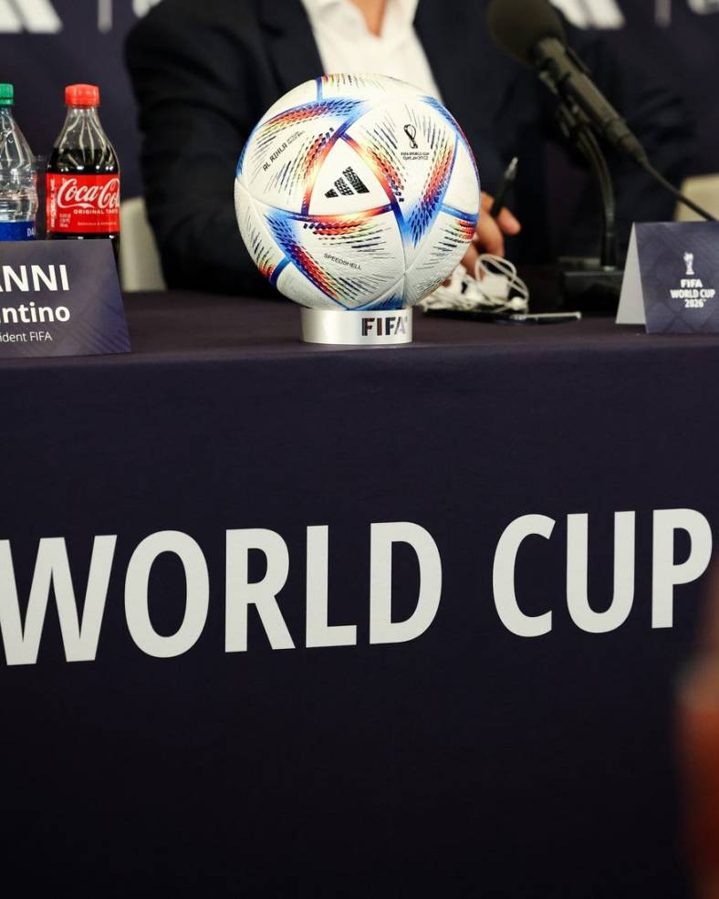 Jun 16, 2022; New York, New York, USA; The FIFA World Cup 2022 Qatar ball sits on a table during The FIFA World Cup 2026 Announcement Press Conference, Mandatory Credit: Jessica Alcheh-USA TODAY Sports