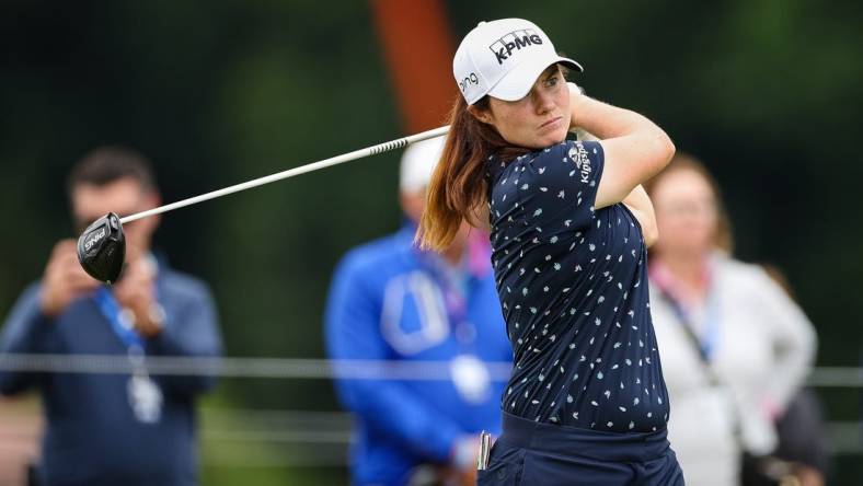 Jun 23, 2022; Bethesda, Maryland, USA; Leona Maguire plays her shot from the 16th tee during the first round of the KPMG Women's PGA Championship golf tournament at Congressional Country Club. Mandatory Credit: Scott Taetsch-USA TODAY Sports