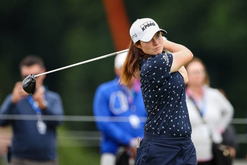 Jun 23, 2022; Bethesda, Maryland, USA; Leona Maguire plays her shot from the 16th tee during the first round of the KPMG Women's PGA Championship golf tournament at Congressional Country Club. Mandatory Credit: Scott Taetsch-USA TODAY Sports