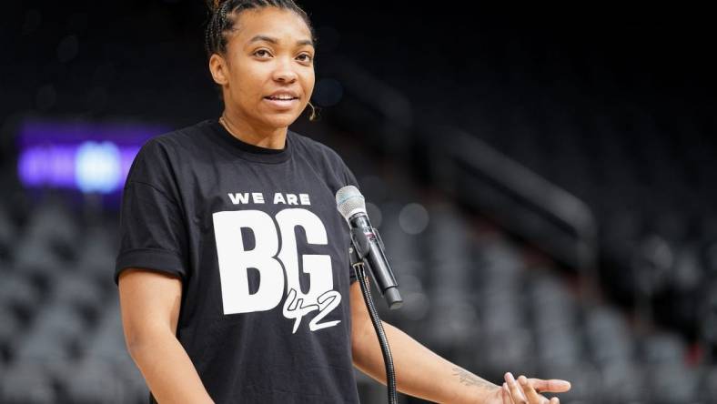 Imani McGee-Stafford speaks to attendees during a rally for Brittney Griner's release at the Footprint Center on July 6, 2022, in Phoenix.

Dsc04097