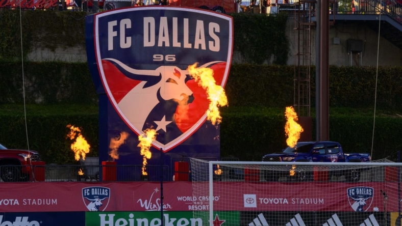 Jul 4, 2022; Frisco, Texas, USA; A view of the FC Dallas logo and flames before the game between FC Dallas and Inter Miami at Toyota Stadium. Mandatory Credit: Jerome Miron-USA TODAY Sports