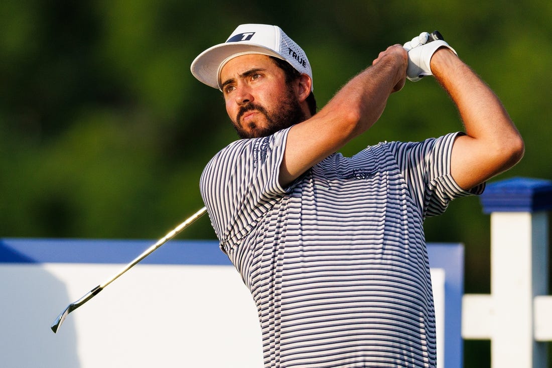 Jul 9, 2022; Nicholasville, Kentucky, USA; Mark Hubbard plays his shot from the second tee during the third round of the Barbasol Championship golf tournament. Mandatory Credit: Jordan Prather-USA TODAY Sports