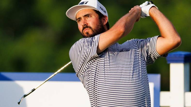 Jul 9, 2022; Nicholasville, Kentucky, USA; Mark Hubbard plays his shot from the second tee during the third round of the Barbasol Championship golf tournament. Mandatory Credit: Jordan Prather-USA TODAY Sports