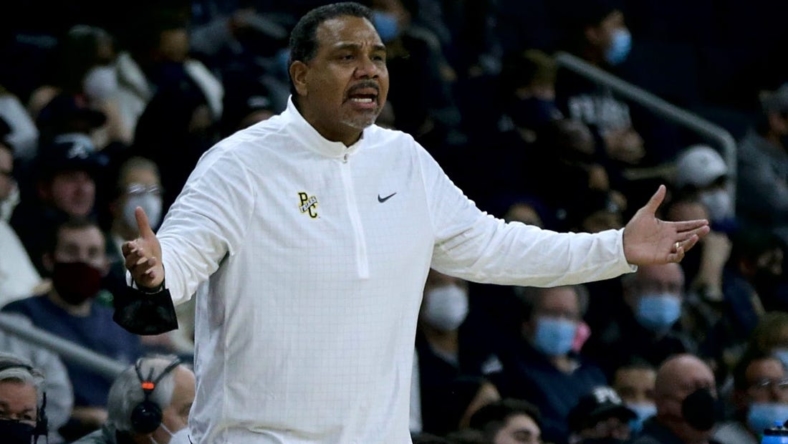 Providence College Friars  coach Ed Cooley questioning a  ref over a call in the first half.  Providence College Friars host the Butler Bulldogs in men's basketball at the Dunkin Donut  Center on Jan 23, 2022.  [The Providence Journal / Kris Craig]   ORG XMIT: 00042492A