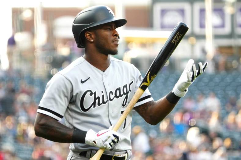 Jul 26, 2022; Denver, Colorado, USA; Chicago White Sox shortstop Tim Anderson (7) during the first inning against the against the Colorado Rockies at Coors Field. Mandatory Credit: Ron Chenoy-USA TODAY Sports