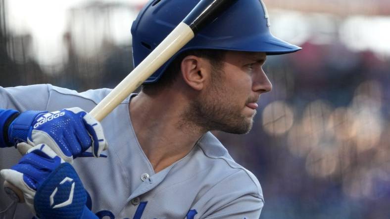 Jul 30, 2022; Denver, Colorado, USA; Los Angeles Dodgers shortstop Trea Turner (6) during the first inning against the Colorado Rockies at Coors Field. Mandatory Credit: Ron Chenoy-USA TODAY Sports