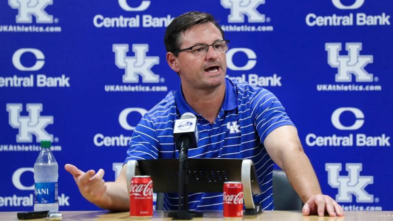 UK offensive coordinator Rich Scangarello talked about the offense for the upcoming season during a Media Day event at Kroger Field in Lexington, Ky. on Aug. 3, 2022.

Uk Football03 Sam