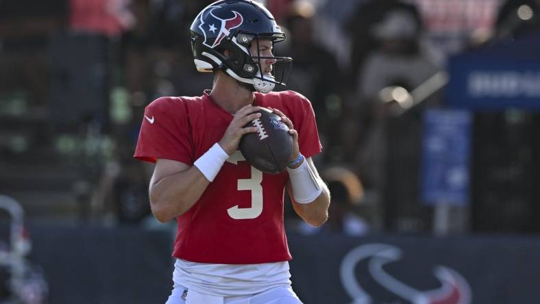 Aug 5, 2022; Houston, Texas, US;  Houston Texans quarterback Kyle Allen (3) throws a pass during training camp at the Texans practice facility.  Mandatory Credit: Maria Lysaker-USA TODAY Sports