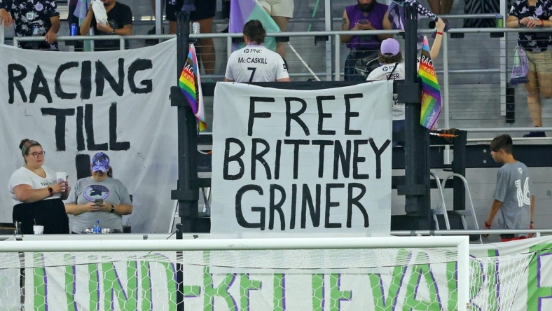 Aug 5, 2022; Louisville, Kentucky, USA; A sign supporting Brittney Griner (not pictured), who has recently been sentenced to nine years in prison in Russia, is displayed during the first half of the game between the Washington Spirit and Racing Louisville FC at Lynn Family Stadium. Mandatory Credit: EM Dash-USA TODAY Sports