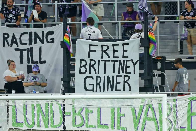 Aug 5, 2022; Louisville, Kentucky, USA; A sign supporting Brittney Griner (not pictured), who has recently been sentenced to nine years in prison in Russia, is displayed during the first half of the game between the Washington Spirit and Racing Louisville FC at Lynn Family Stadium. Mandatory Credit: EM Dash-USA TODAY Sports