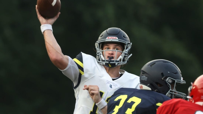 Lausanne quarterback Brock Glenn throws the ball during their scrimmage against Germantown on Friday, July 30, 2021.

A37i1803
