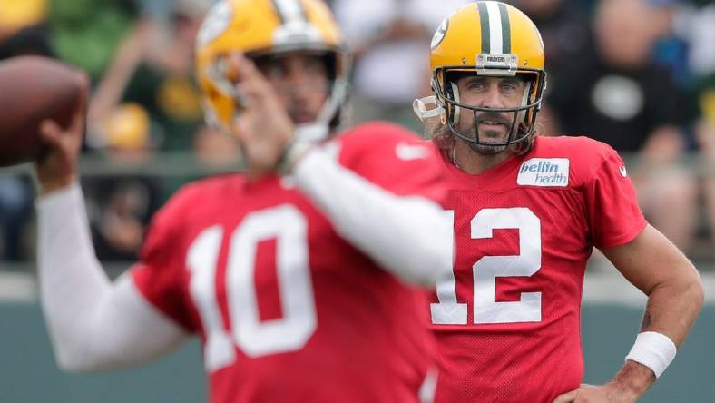 Green Bay Packers quarterback Jordan Love (10) and quarterback Aaron Rodgers (12) participate in training camp on Monday, Aug. 8, 2022, at Ray Nitschke Field in Ashwaubenon, Wis.Wm. Glasheen USA TODAY NETWORK-Wisconsin

Apc Packers Training Camp 10501 080822wag