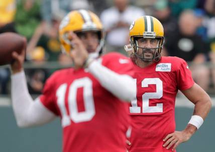 Green Bay Packers quarterback Jordan Love (10) and quarterback Aaron Rodgers (12) participate in training camp on Monday, Aug. 8, 2022, at Ray Nitschke Field in Ashwaubenon, Wis.Wm. Glasheen USA TODAY NETWORK-Wisconsin

Apc Packers Training Camp 10501 080822wag
