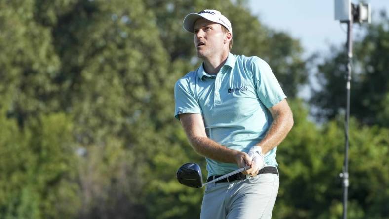 Aug 12, 2022; Memphis, Tennessee, USA; Russell Henley watches his tee shot during the second round of the FedEx St. Jude Championship golf tournament at TPC Southwind. Mandatory Credit: David Yeazell-USA TODAY Sports