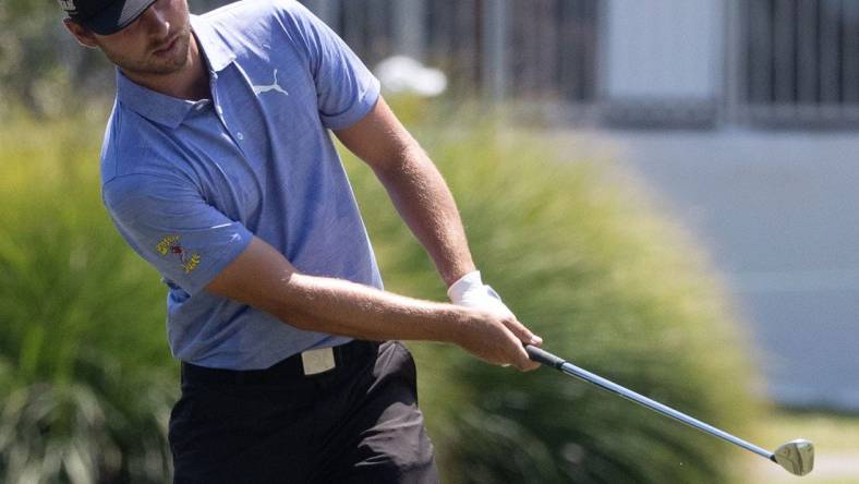 Adam Svensson tees during the final round of the FedEx St. Jude Championship on Sunday, Aug. 14, 2022, at TPC Southwind in Memphis.