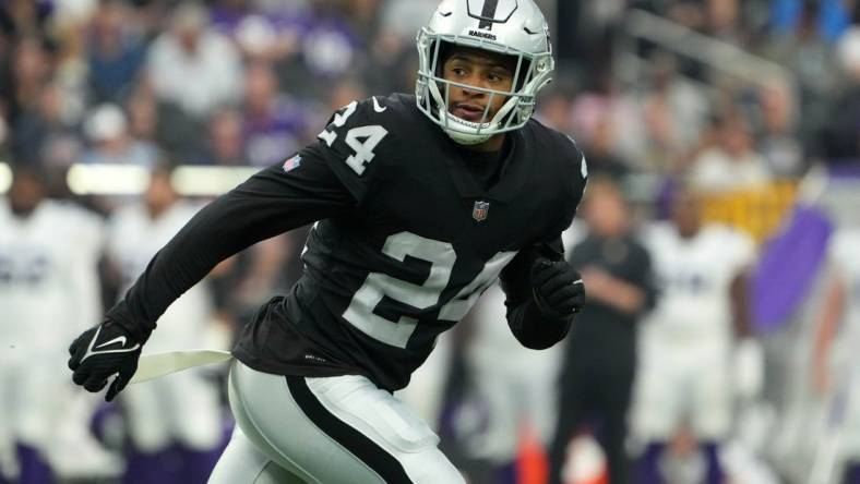 Aug 14, 2022; Paradise, Nevada, USA; Las Vegas Raiders safety Johnathan Abram (24) in the first half against the Minnesota Vikings at Allegiant Stadium. Mandatory Credit: Kirby Lee-USA TODAY Sports