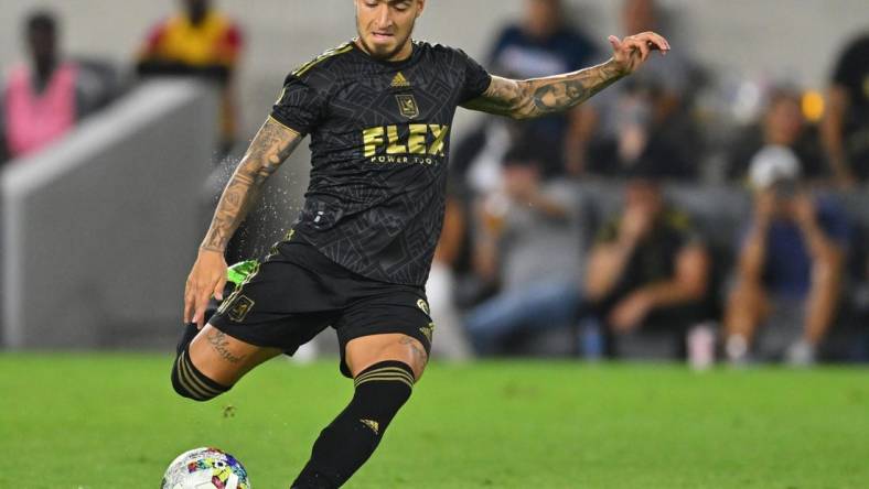 Aug 16, 2022; Los Angeles, California, USA; D.C. LAFC forward Cristian Arango (9) takes a shot on goal in the second half against D.C. United at Banc of California Stadium. Mandatory Credit: Jayne Kamin-Oncea-USA TODAY Sports