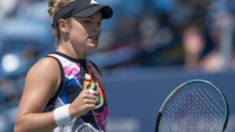 Aug 17, 2022; Cincinnati, OH, USA; Caty McNally (USA) reacts to a point during her match against Ons Jabeur (TUN) at the Western & Southern Open at the at the Lindner Family Tennis Center. Mandatory Credit: Susan Mullane-USA TODAY Sports