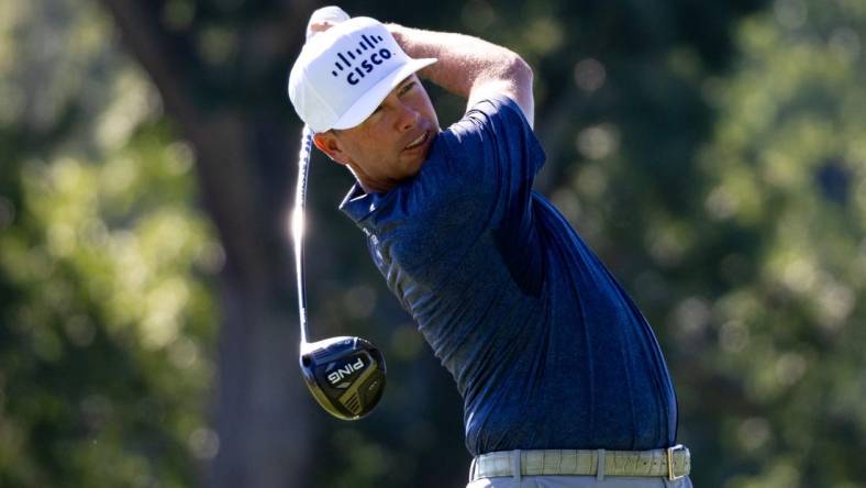 Aug 18, 2022; Wilmington, Delaware, USA; Chez Reavie plays his shot from the third tee during the first round of the BMW Championship golf tournament. Mandatory Credit: Bill Streicher-USA TODAY Sports