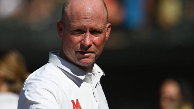 Aug 20, 2022; Baltimore, Maryland, USA;  Maryland mens basket ball coach Kevin Willard stand son the field after throwing out the first pitch before the game between the Baltimore Orioles and the Boston Red Sox at Oriole Park at Camden Yards. Mandatory Credit: Tommy Gilligan-USA TODAY Sports