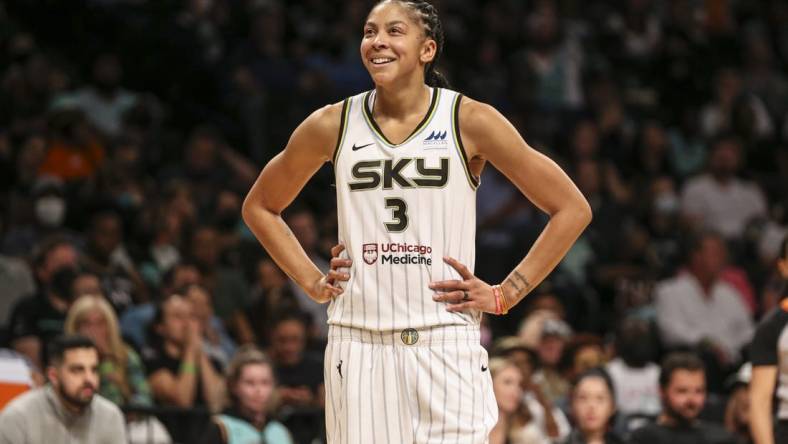 Aug 23, 2022; Brooklyn, New York, USA; Chicago Sky forward Candace Parker (3) reacts after being called for a foul in the third quarter against the New York Liberty at Barclays Center. Mandatory Credit: Wendell Cruz-USA TODAY Sports