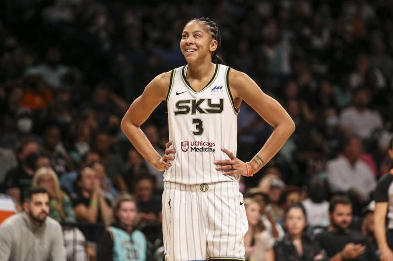 Aug 23, 2022; Brooklyn, New York, USA; Chicago Sky forward Candace Parker (3) reacts after being called for a foul in the third quarter against the New York Liberty at Barclays Center. Mandatory Credit: Wendell Cruz-USA TODAY Sports