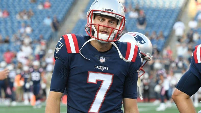 Aug 19, 2022; Foxborough, Massachusetts, USA; New England Patriots punter Jake Bailey (7) warms up before a preseason game against the Carolina Panthers at Gillette Stadium. Mandatory Credit: Eric Canha-USA TODAY Sports