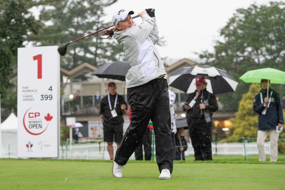 Aug 26, 2022; Ottawa, Ontario, CAN; Gemma Dryburgh from Scotland tees off during the second round of the CP Women's Open golf tournament. Mandatory Credit: Marc DesRosiers-USA TODAY Sports