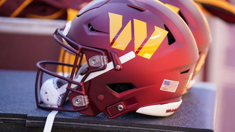 Aug 20, 2022; Kansas City, Missouri, USA; A general view of Washington Commanders helmets against the Kansas City Chiefs during the game at GEHA Field at Arrowhead Stadium. Mandatory Credit: Denny Medley-USA TODAY Sports