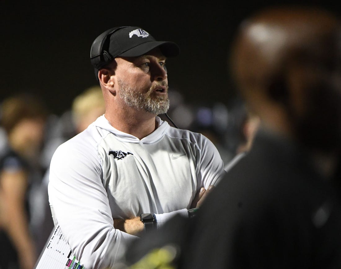 Aug 27, 2022; Alabaster, AL, USA; Lipscomb Academy head coach Trent Dilfer watches as his team plays at Thompson High School in Alabaster, Ala., Saturday, Aug. 27, 2022 Mandatory Credit: Gary Cosby-Tuscaloosa News

Lipscomb Academy Vs Thompson High High School