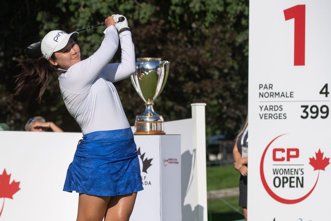 Aug 28, 2022; Ottawa, Ontario, CAN; Allisen Corpuz from the United States tees off the 1st hole during the final round of the CP Women's Open golf tournament. Mandatory Credit: Marc DesRosiers-USA TODAY Sports